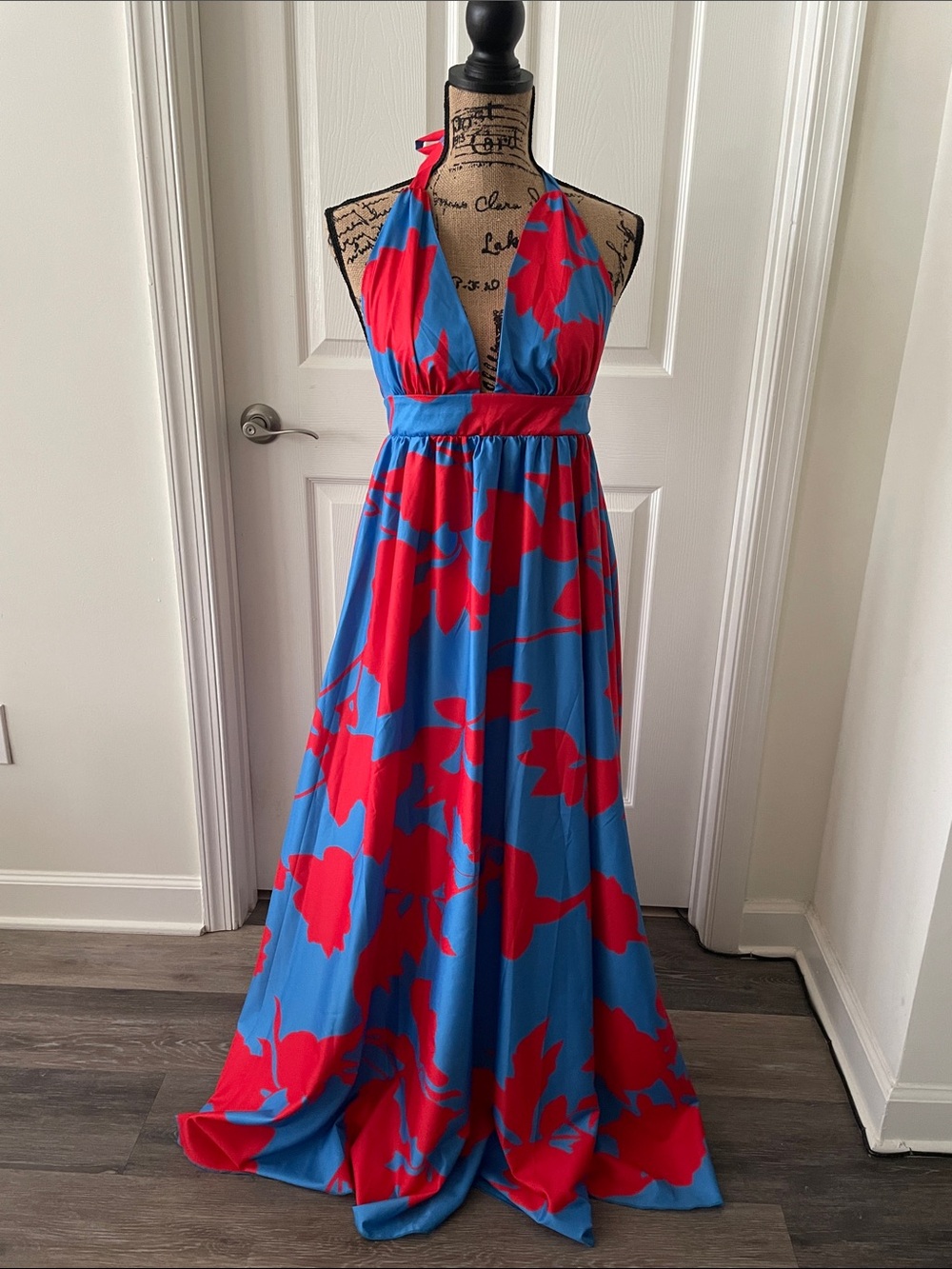 SHEIN Blue and Red Halter Floral Maxi Dress
